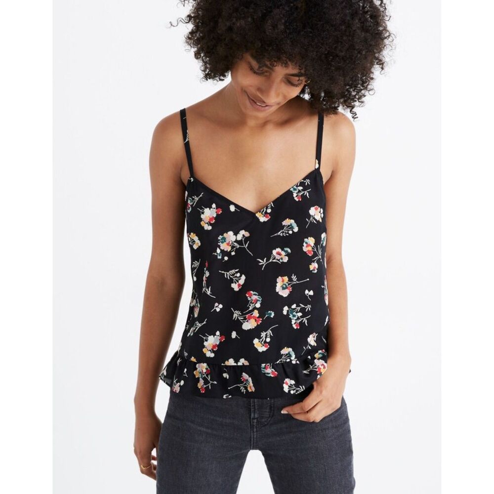 Madewell Silk Ruffle Hem Cami Top Carnation Toss Black Floral Blouse M NWT